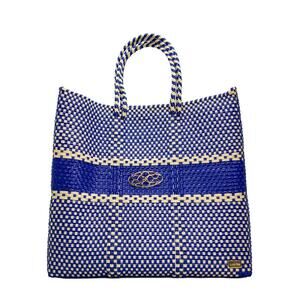 NEW LOLA'S BAG women's medium woven regular strap tote bag in blue/beige